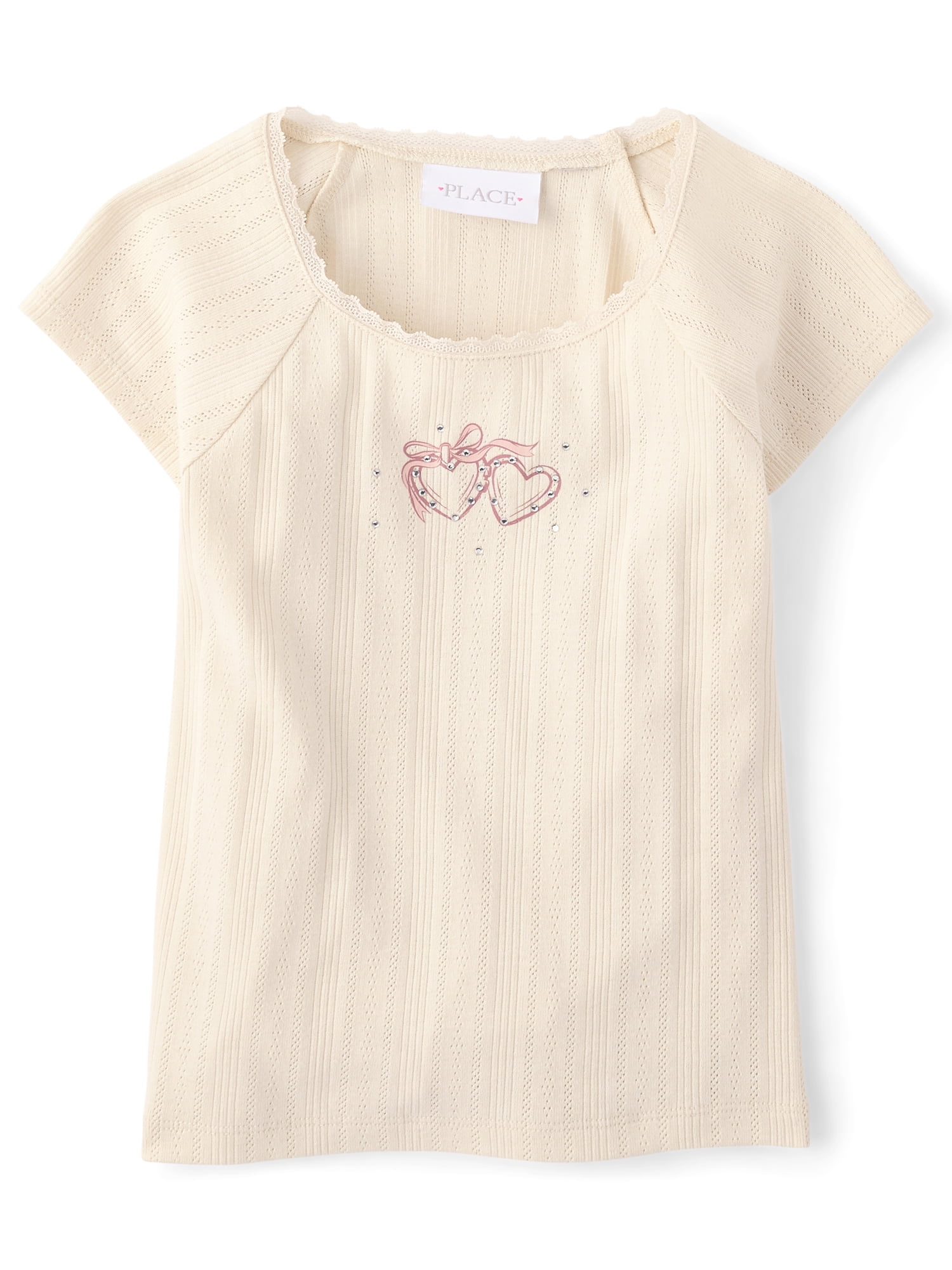 The Children's Place Girls Short Raglan Sleeve Rhinestone Graphic Pointelle Top, Sizes XS-XXL