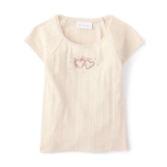 The Children's Place Girls Short Raglan Sleeve Rhinestone Graphic Pointelle Top, Sizes XS-XXL