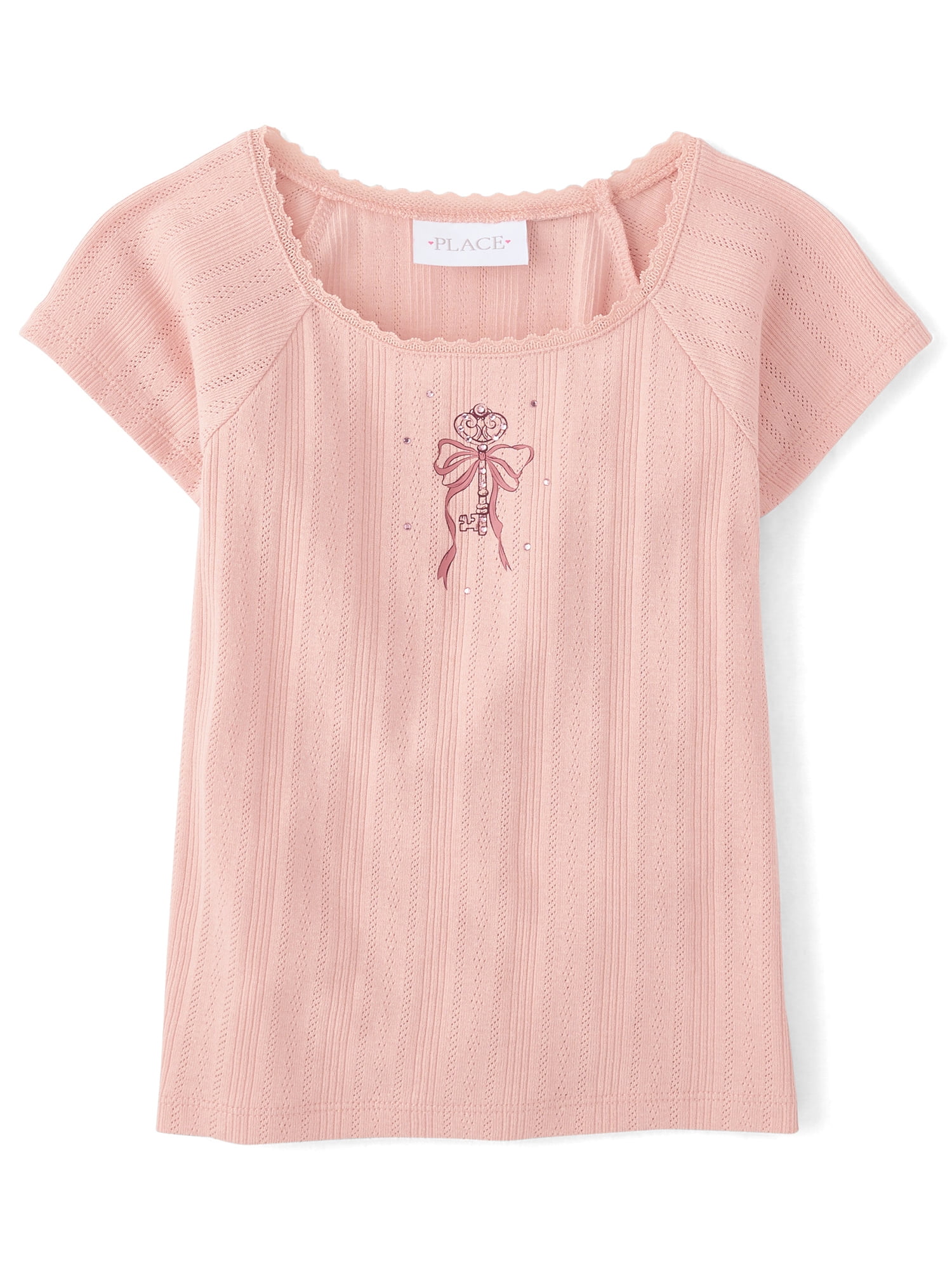 The Children's Place Girls Short Raglan Sleeve Rhinestone Graphic Pointelle Top, Sizes XS-XXL