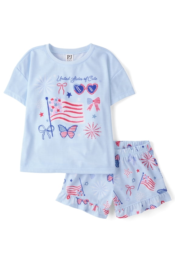 Girls Short Sleeve Americana Print PJs, 2-Piece, Sizes XS-XXL