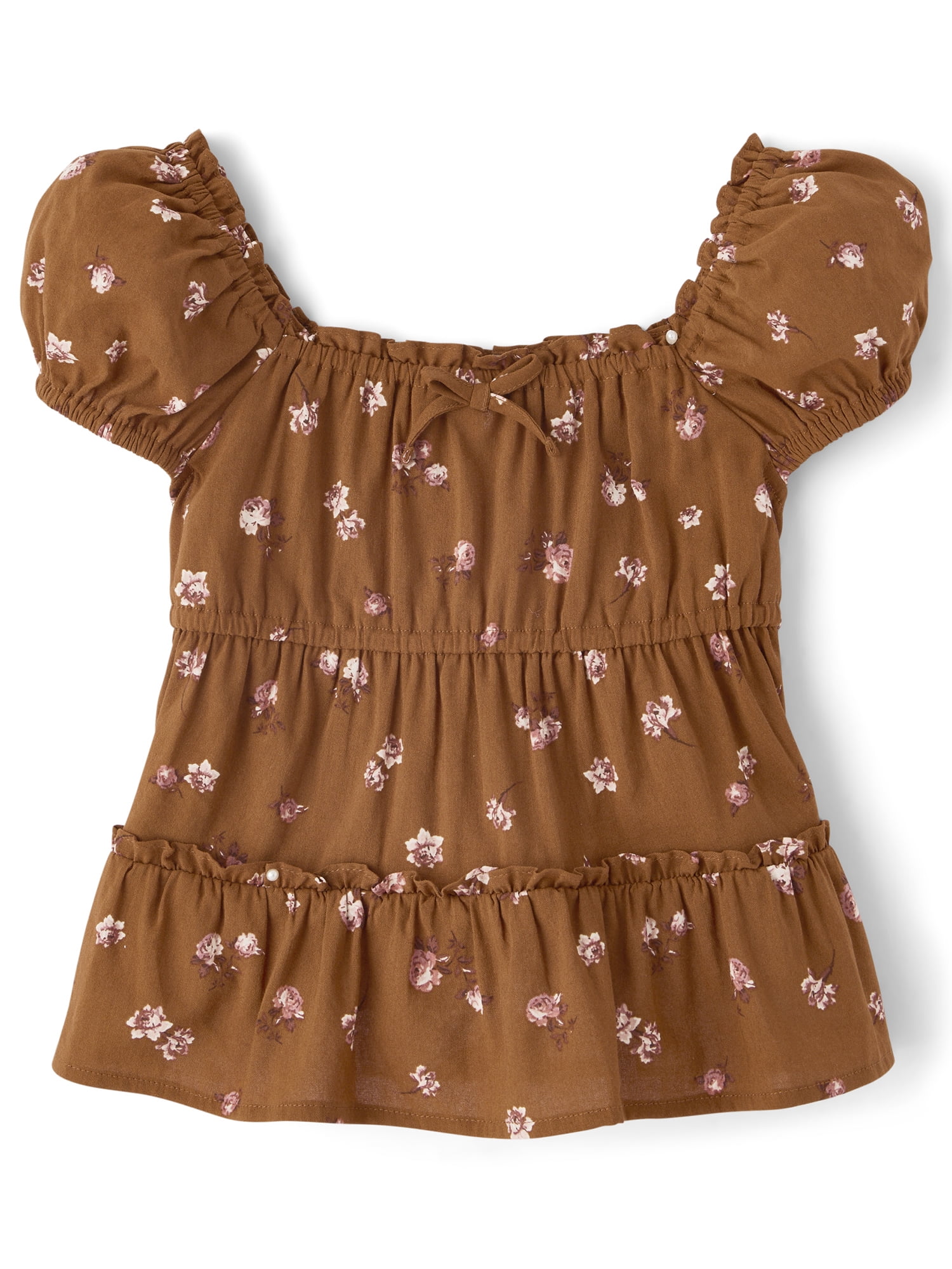 The Children's Place Girls Short Sleeve Floral Textured Puff Sleeve Top, Sizes XS-XXL