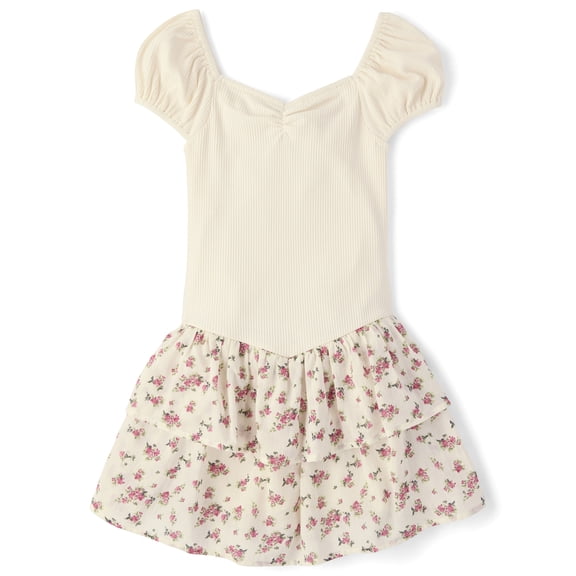 The Children's Place Girls Short Sleeve Floral Tiered V-Waist Dress, Sizes XS-XXL