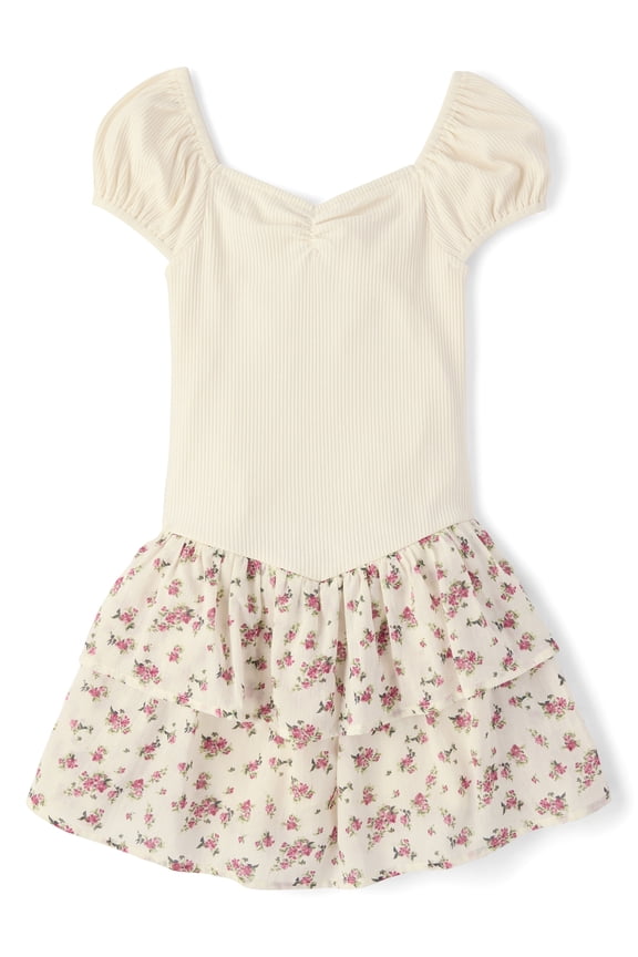 Girls Short Sleeve Floral Tiered V-Waist Dress, Sizes XS-XXL