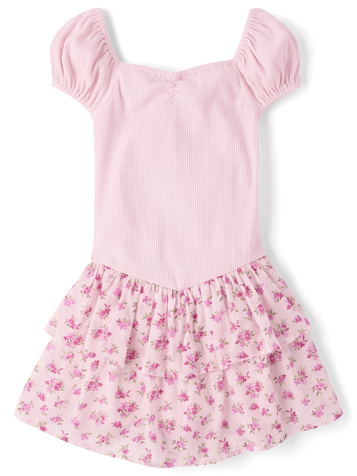 The Children's Place Girls Short Sleeve Floral Tiered V-Waist Dress, Sizes XS-XXL