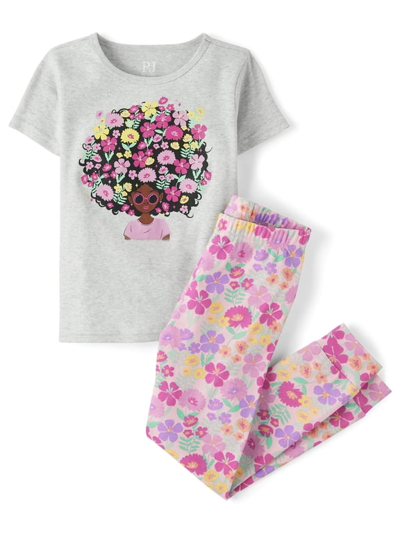 Girls Short Sleeve Flower Hair Snug Fit Cotton Pajamas, Sizes 4-16