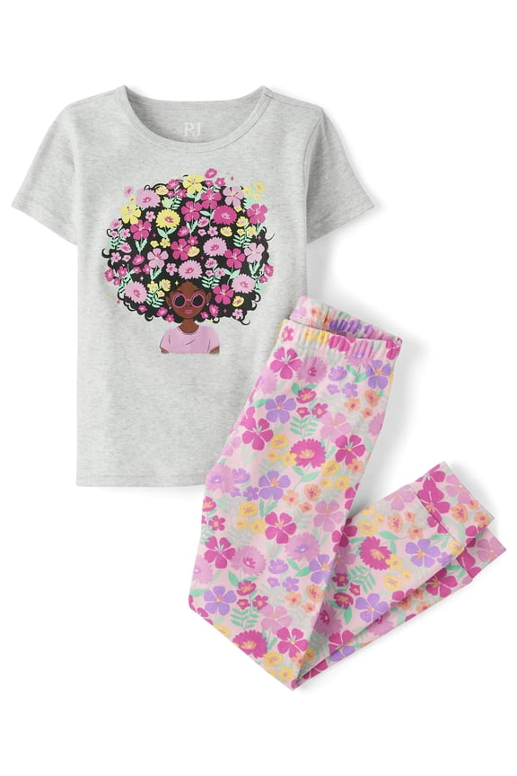 Girls Short Sleeve Flower Hair Snug Fit Cotton Pajamas, Sizes 4-16