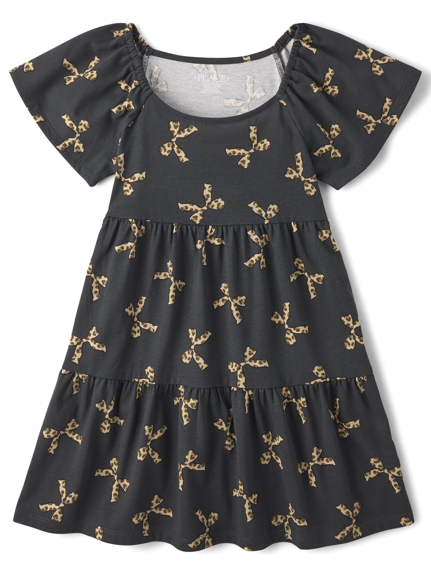 The Children's Place Girls Short Sleeve Leopard Bow Tiered Flutter Dress, Sizes XS-XXL