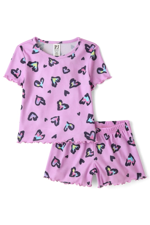 Girls Short Sleeve Leopard Heart Lettuce PJs, 2-Piece, Sizes XS-XXL