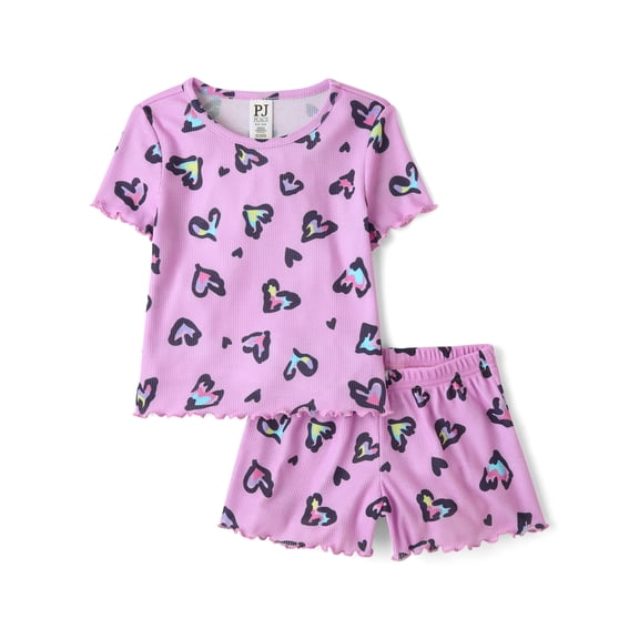 The Children's Place Girls Short Sleeve Leopard Heart Lettuce PJs, 2-Piece, Sizes XS-XXL