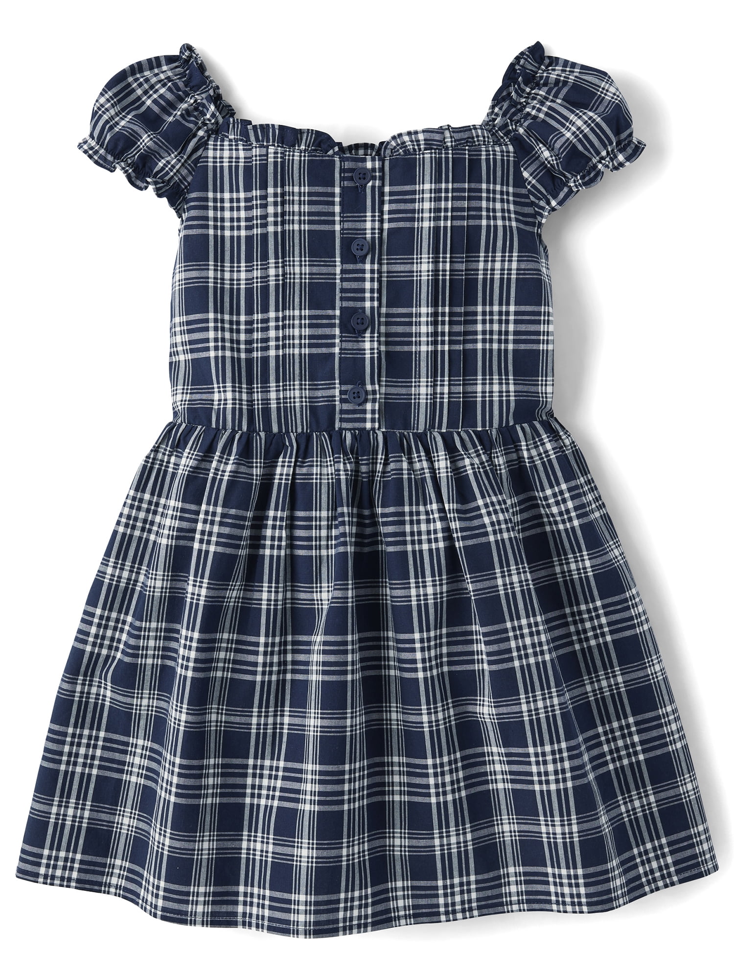 The Children's Place Girls Short Sleeve Plaid Pintuck Poplin Button Dress, Sizes 4-16