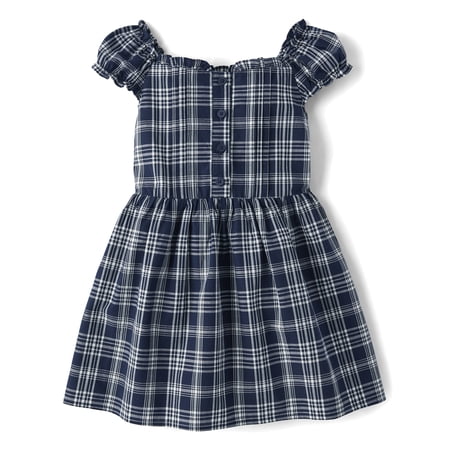 The Children's Place Girls Short Sleeve Plaid Pintuck Poplin Button Dress, Sizes 4-16