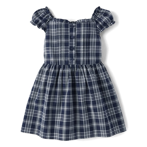 The Children's Place Girls Short Sleeve Plaid Pintuck Poplin Button Dress, Sizes 4-16