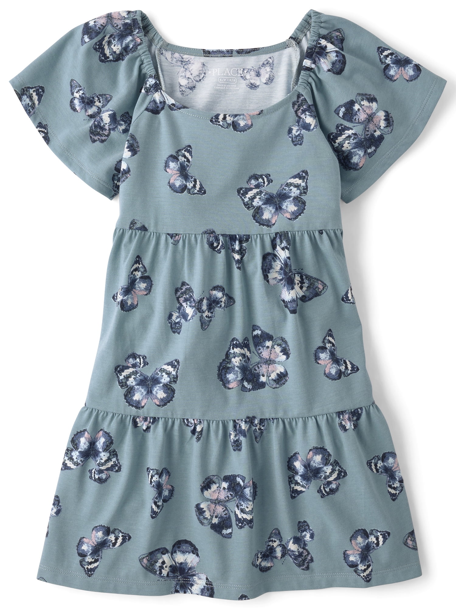 The Children's Place Girls Short Sleeve Print Tiered Flutter Dress, Sizes XS-XXL