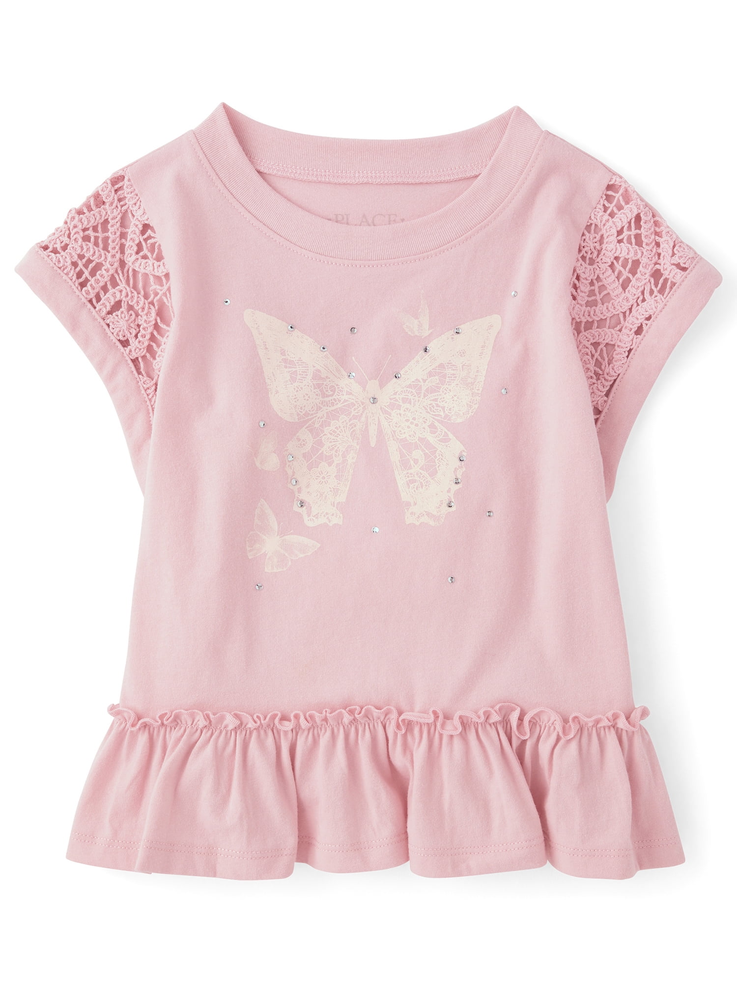 The Children's Place Girls Short Sleeve Rhinestone Crochet Peplum Top, Sizes XS-XXL