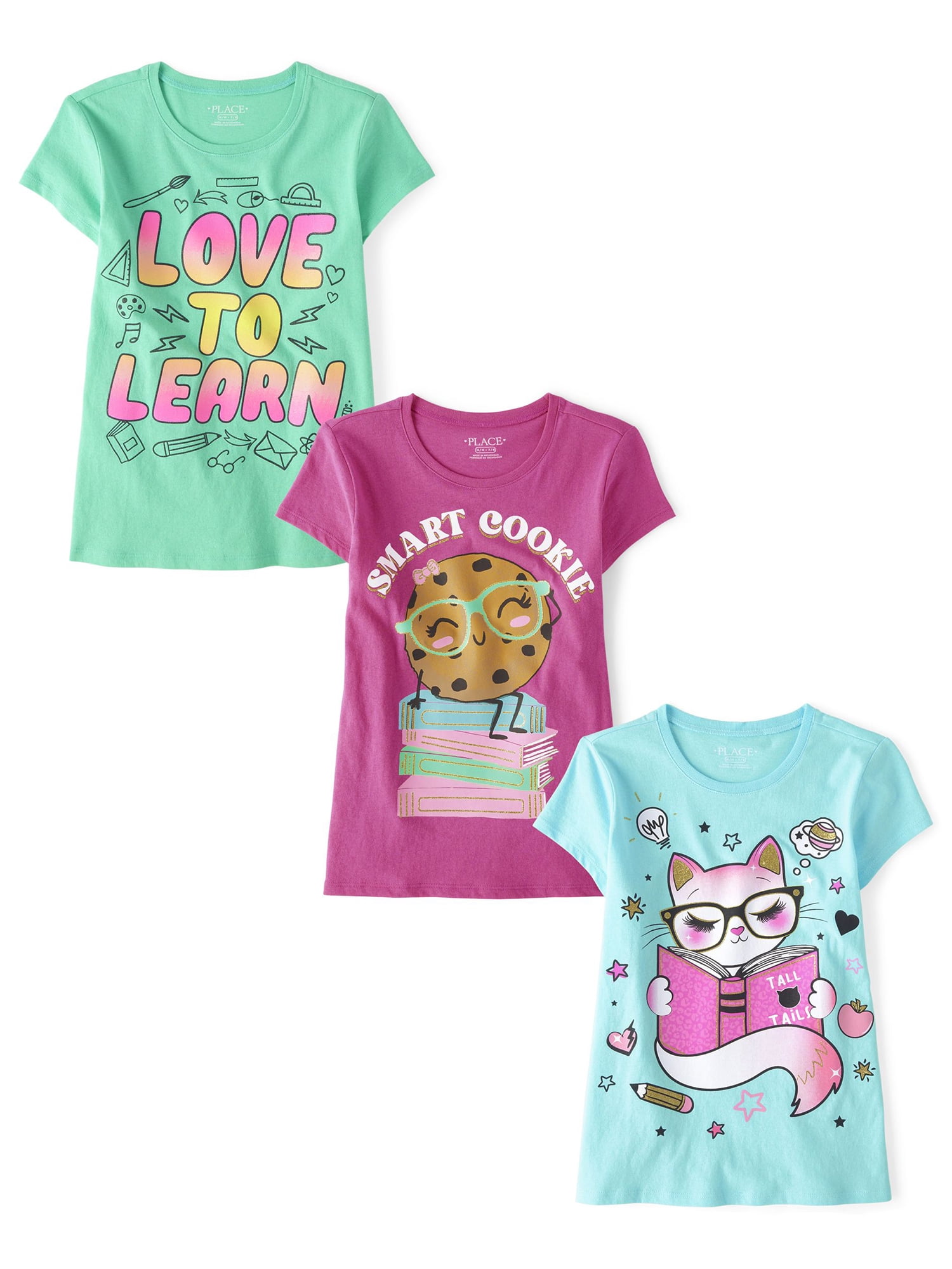 The Children's Place Girls Short Sleeve School Graphic Tee, 3-Pack, Sizes XS-XXL