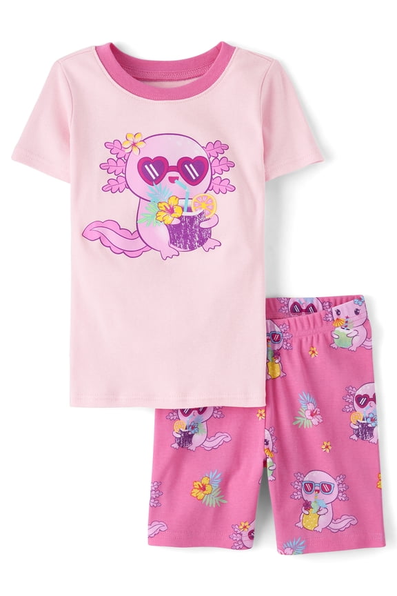 Girls Short Sleeve Summer Axolotl Snug Fit Cotton PJs, Sizes 4-16