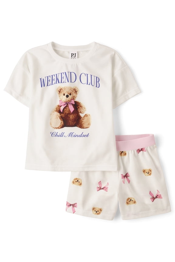 Girls Short Sleeve Teddy Bear Bow PJs, 2-Piece, Sizes XS-XXL