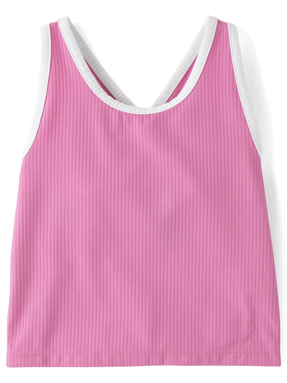 Girls Sleeveless Contrast Ribbed Cross Back Tank Top, Sizes XS-XXL
