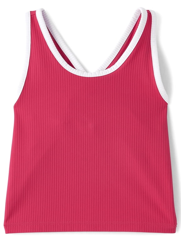 Girls Sleeveless Contrast Ribbed Cross Back Tank Top, Sizes XS-XXL
