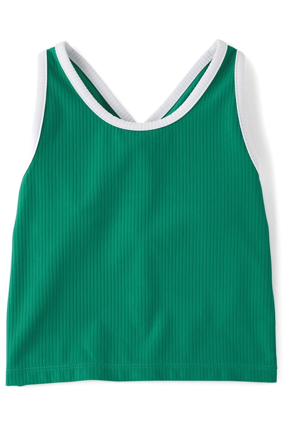 Girls Sleeveless Contrast Ribbed Cross Back Tank Top, Sizes XS-XXL
