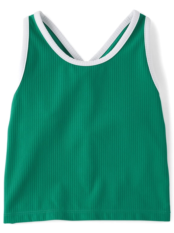 Girls Sleeveless Contrast Ribbed Cross Back Tank Top, Sizes XS-XXL