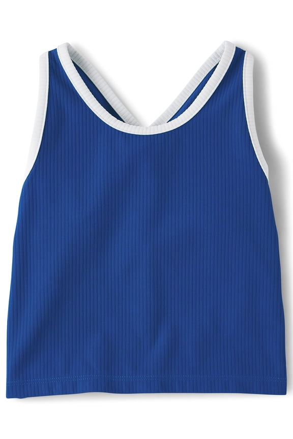 Girls Sleeveless Contrast Ribbed Cross Back Tank Top, Sizes XS-XXL