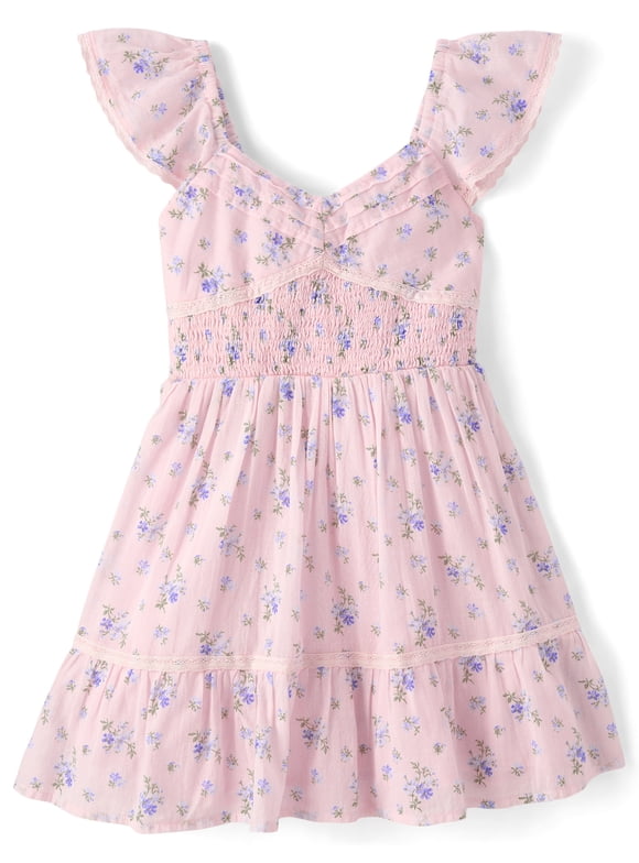Girls Sleeveless Floral Pleated Smocked Dress, Sizes XS-XXL