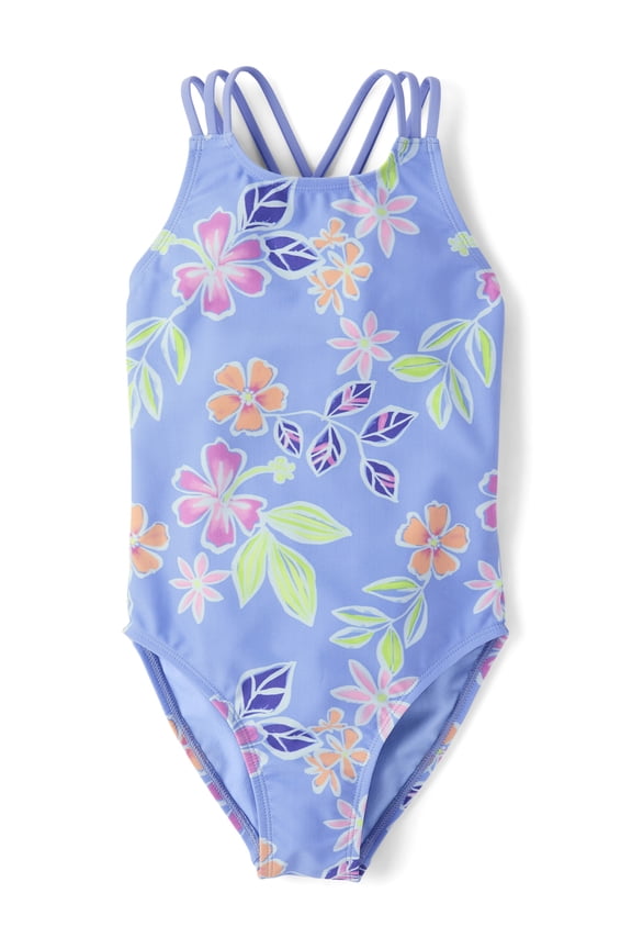 Girls Sleeveless Printed Cross Back One Piece Swimsuit, Sizes XS-XXL