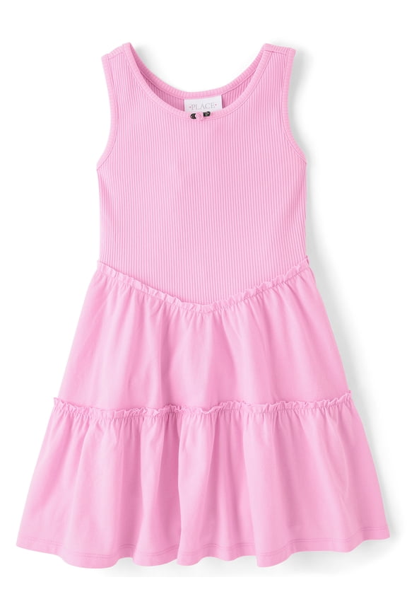 Girls Sleeveless Ribbed Tiered V-Waist Dress, Sizes XS-XXL