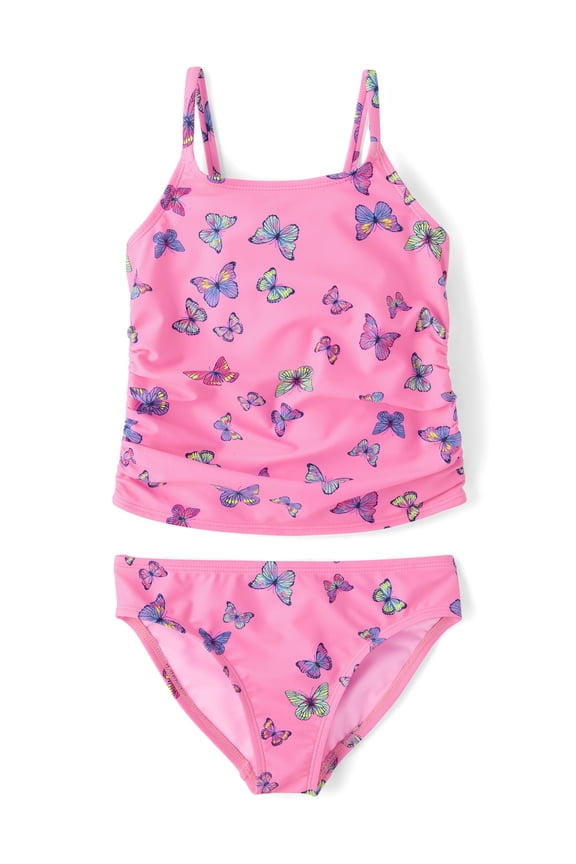 Girls Sleeveless Ruched Tankini Swimsuit, 2-Piece, Sizes XS-XXL