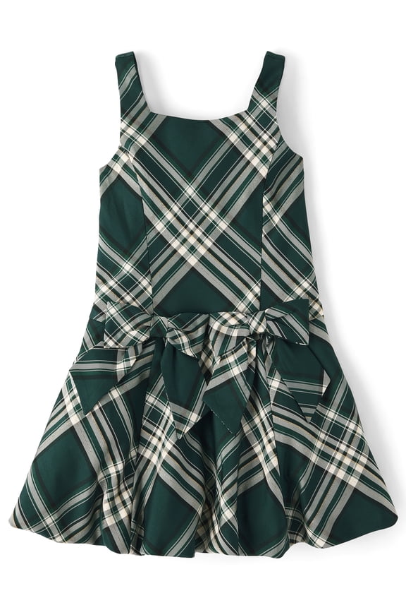 Girls Sleeveless Satin Plaid Bow Bubble Dress, Sizes 4-16