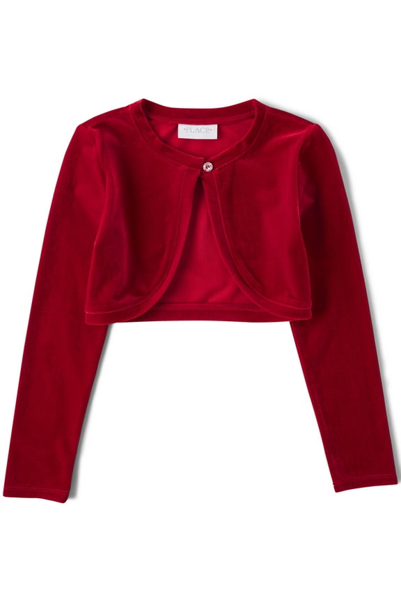 Long Sleeve Cropped Velour Button Shrug, Sizes XS-XXL