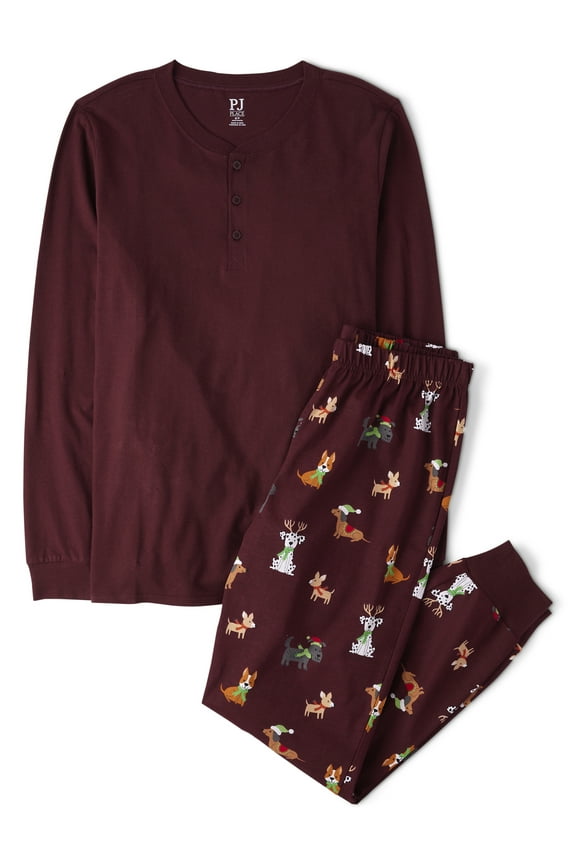 Men's Matching Family Holiday Dog Cotton Henley Pajamas, Adult Sizes XS-3XL