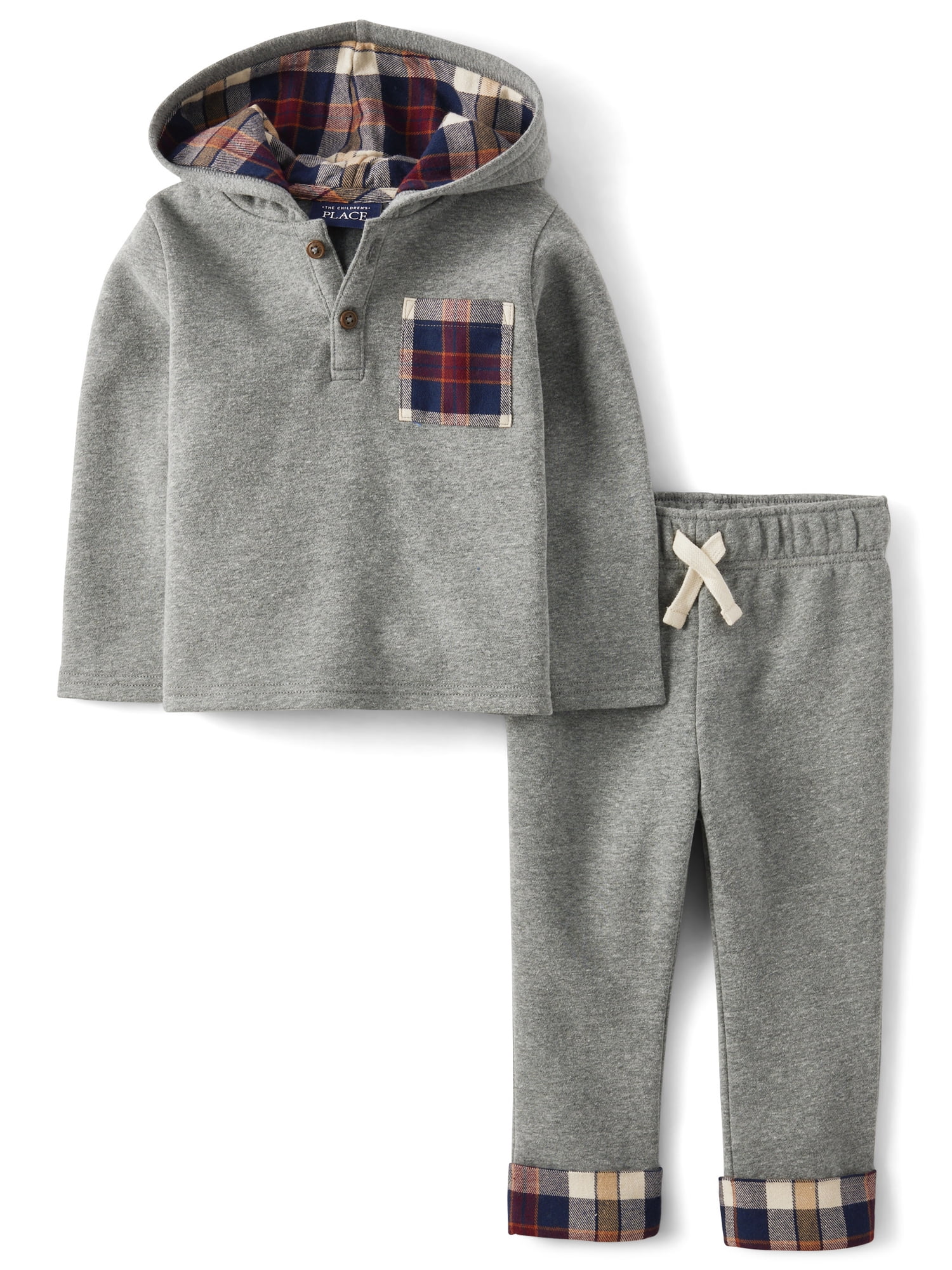 2-piece Kid Boy Plaid Colorblock Hoodie Sweatshirt and Elasticized Pants Casual Set