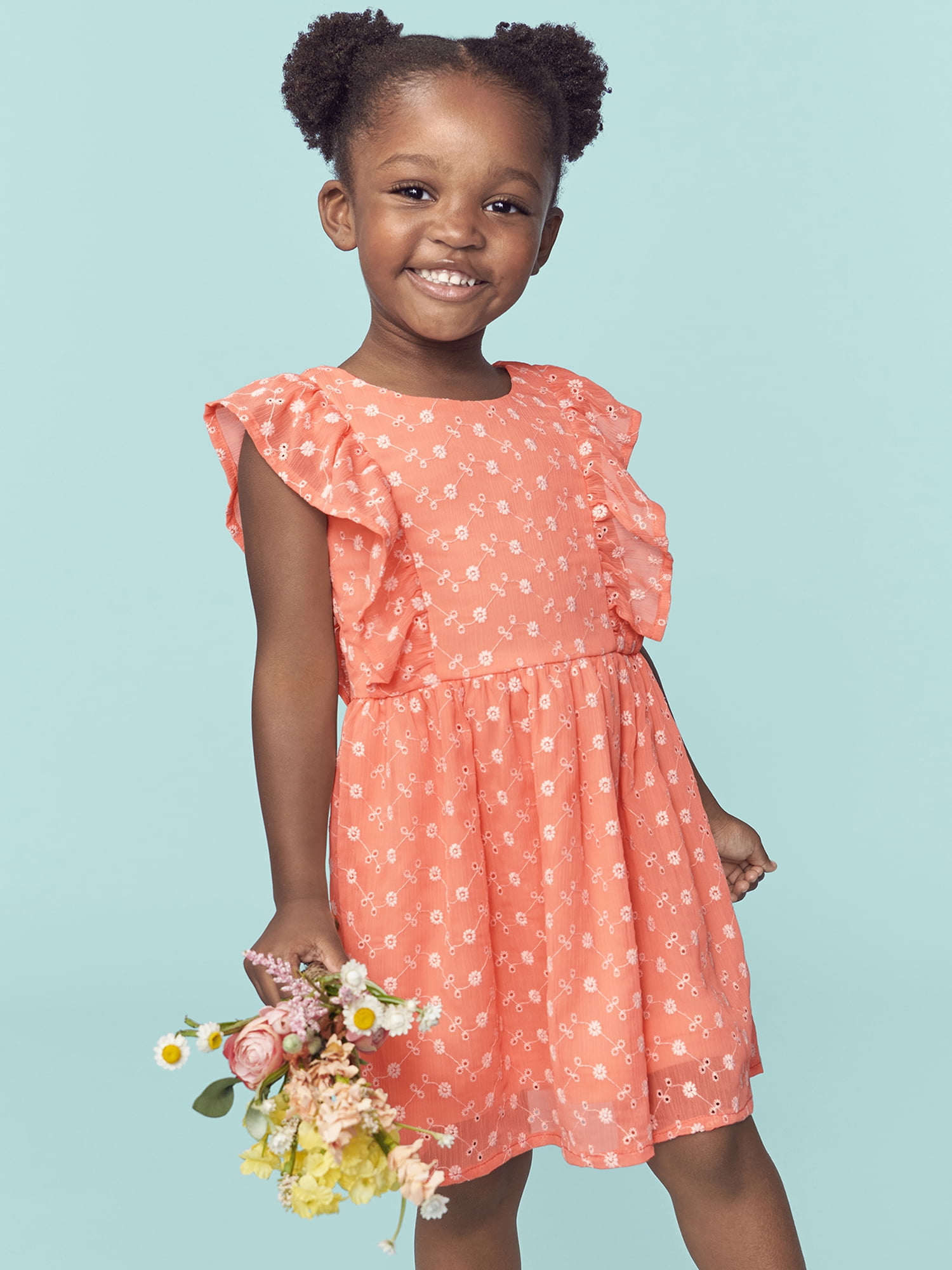Toddler Girl Solid Color Ribbed Ruffled Flutter-sleeve Dress