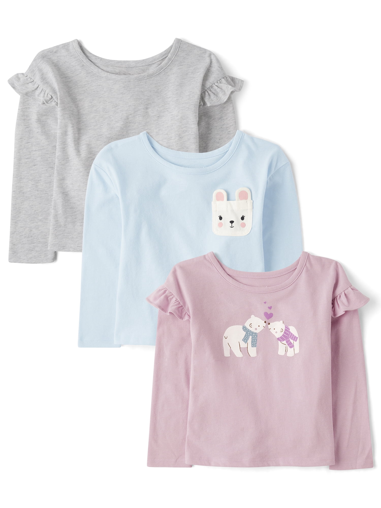 The Children's Place Toddler Girls Long Sleeve Assorted Prints Top, 3-Pack, Sizes 12M-5T