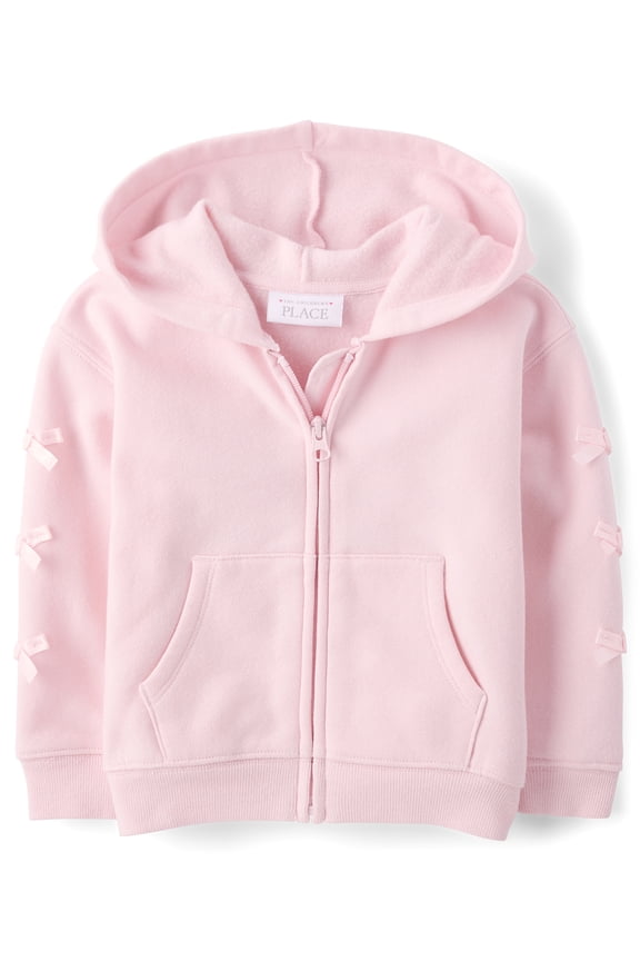 Toddler Girls Long Sleeve Bow Fleece Zip Up Hoodie, Sizes 12M-5T