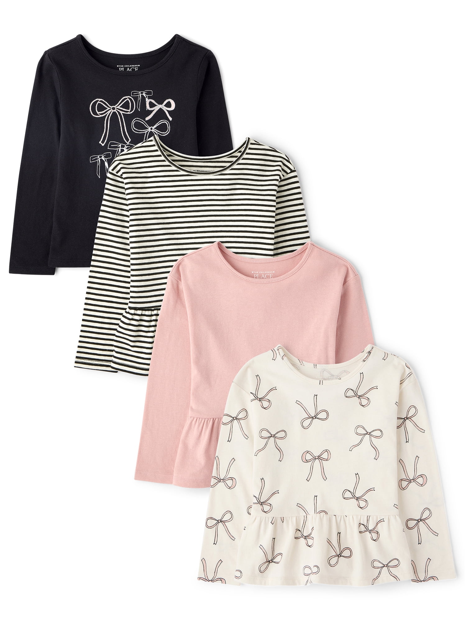 The Children's Place Toddler Girls Long Sleeve Bow Peplum Top, 4-Pack, Sizes 12M-5T