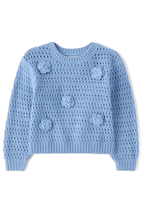 Toddler Girls Long Sleeve Crochet Floral Sweater, Sizes 12M-5T