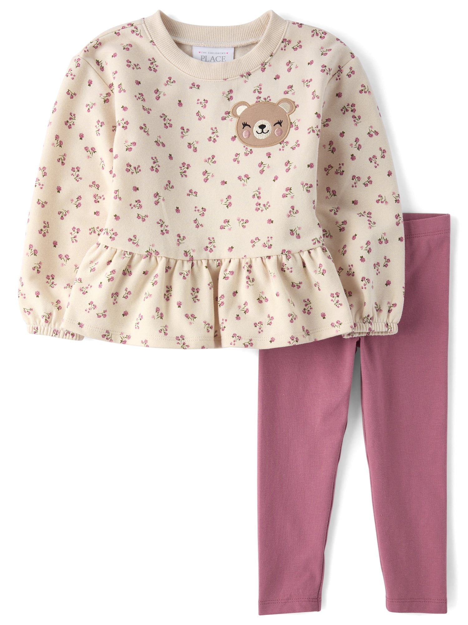 The Children's Place Toddler Girls Long Sleeve Embroidered Bear Outfit Set, 2-Piece, Sizes 12M-5T