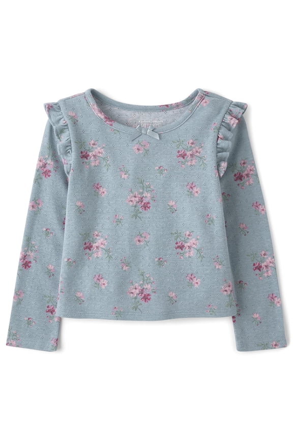 Toddler Girls Long Sleeve Floral Pointelle Flutter Top, Sizes 12M-5T