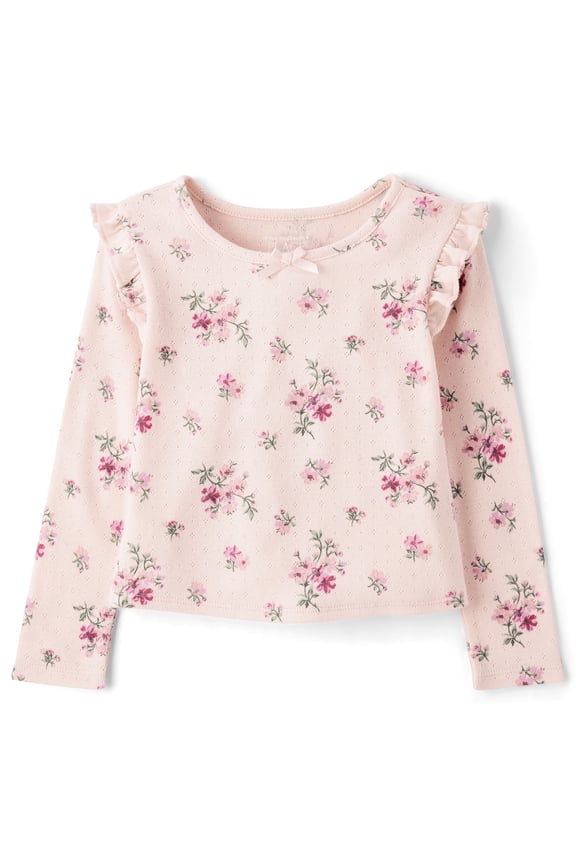 Toddler Girls Long Sleeve Floral Pointelle Flutter Top, Sizes 12M-5T