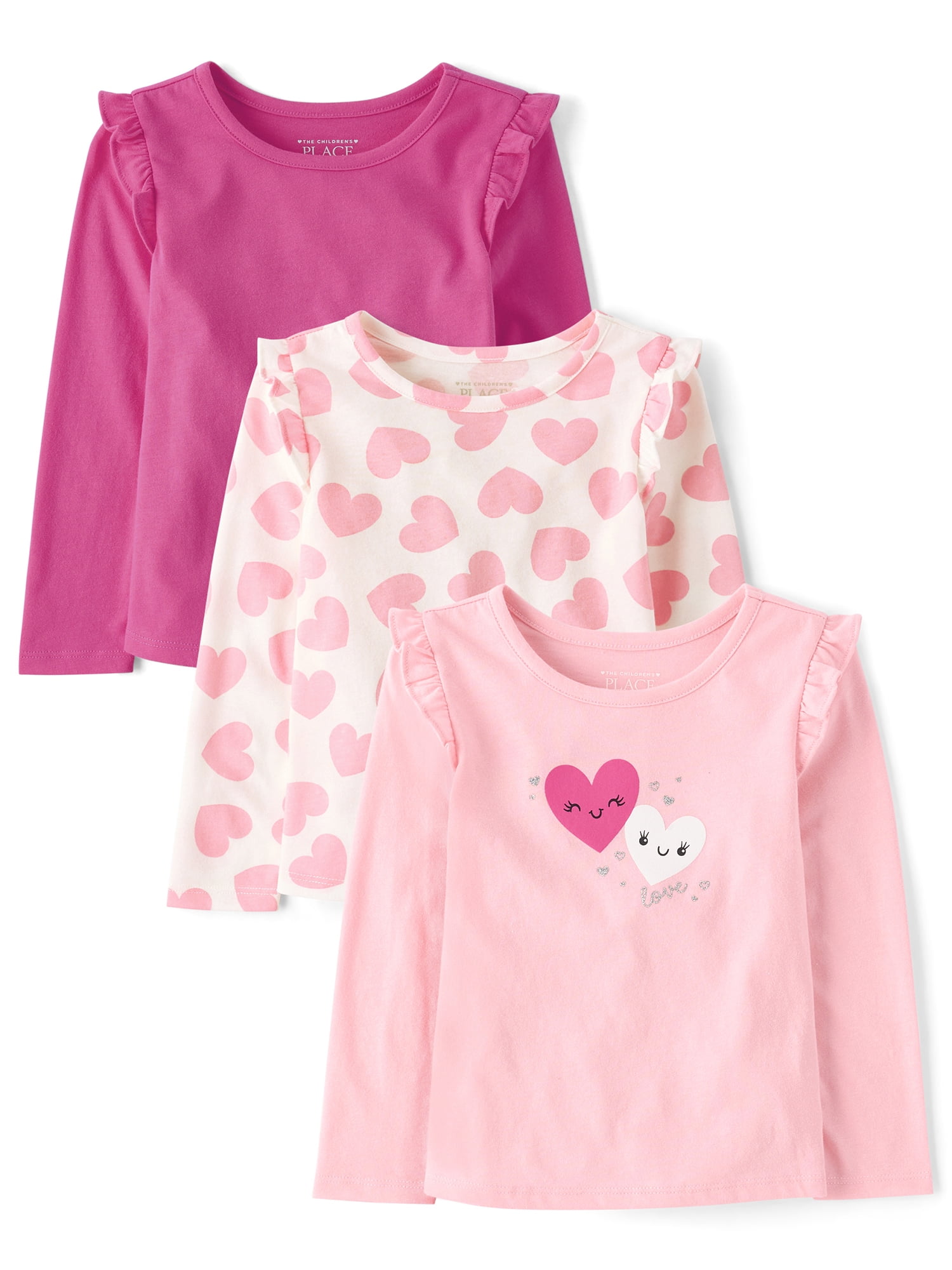 The Children's Place Toddler Girls Long Sleeve Flutter Hearts Top, 3-Pack, Sizes 12M-5T