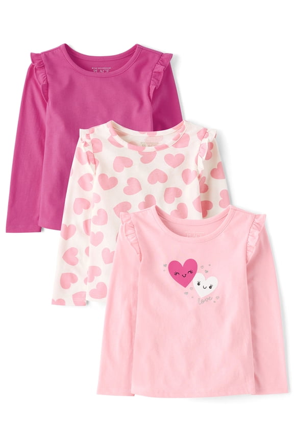 Toddler Girls Long Sleeve Flutter Hearts Top, 3-Pack, Sizes 12M-5T