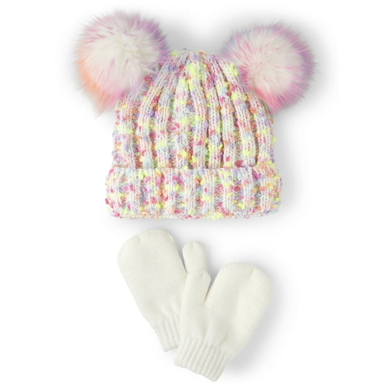 The Children\'s Place Toddler Girls Popcorn Knit Double Pom Beanie and  Mitten 2-Piece Set, Sizes 2T-5T