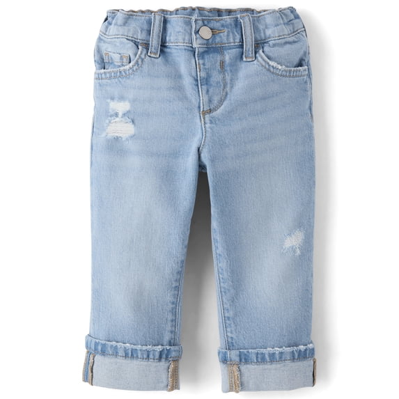 The Children's Place Toddler Girls Ripped Roll Cuff 90s Straight Jeans, Sizes 12M-5T