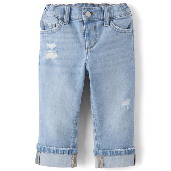 The Children's Place Toddler Girls Ripped Roll Cuff 90s Straight Jeans, Sizes 12M-5T