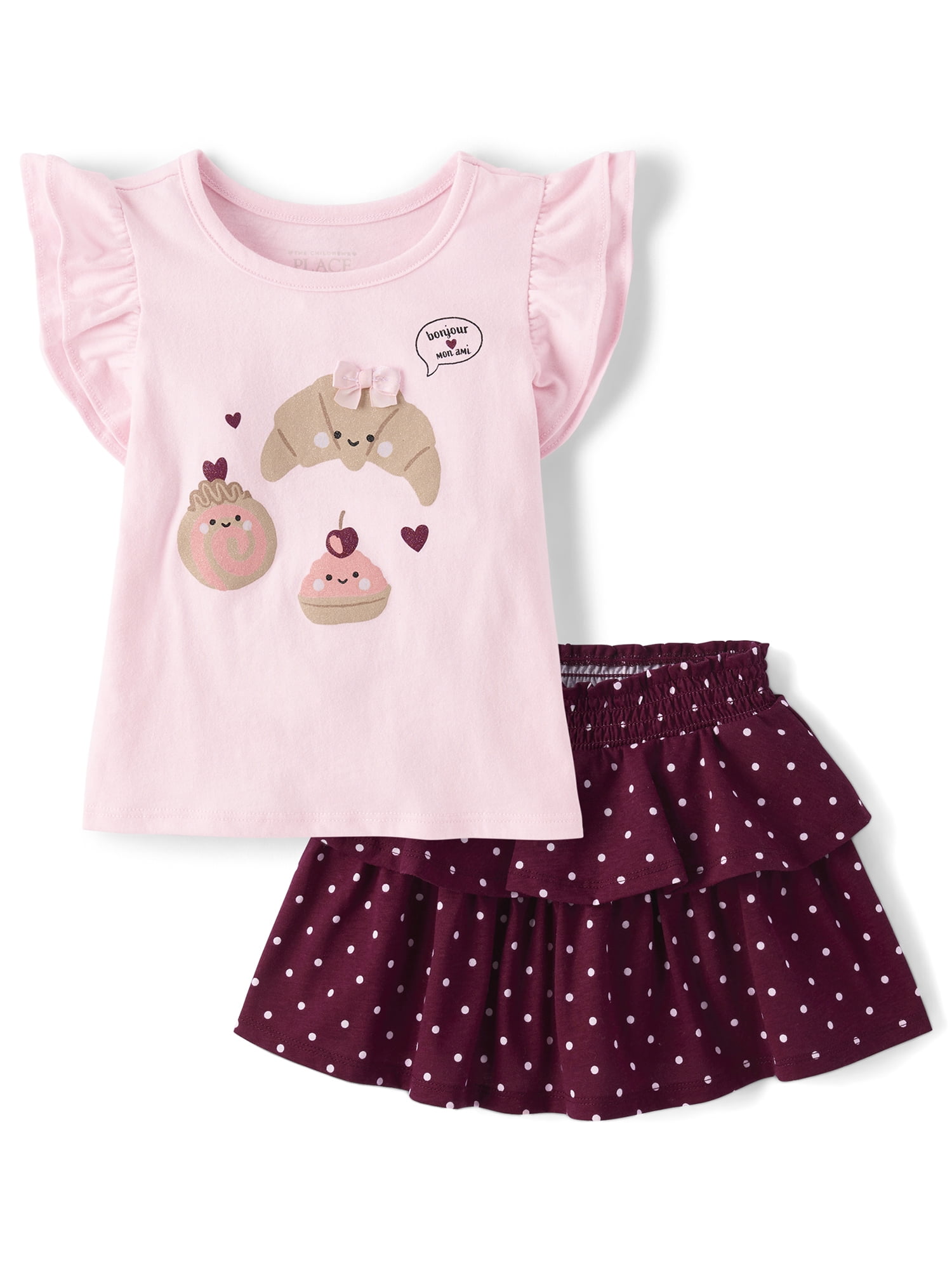The Children's Place Toddler Girls Short Flutter Sleeve Embellished Graphic Outfit Set, 2-Piece, Sizes 12M-5T