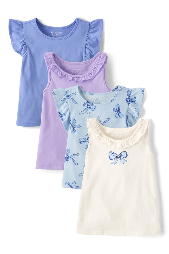 Toddler Girls Sleeveless Bow Flutter Tank Top, 4-Pack, Sizes 12M-5T