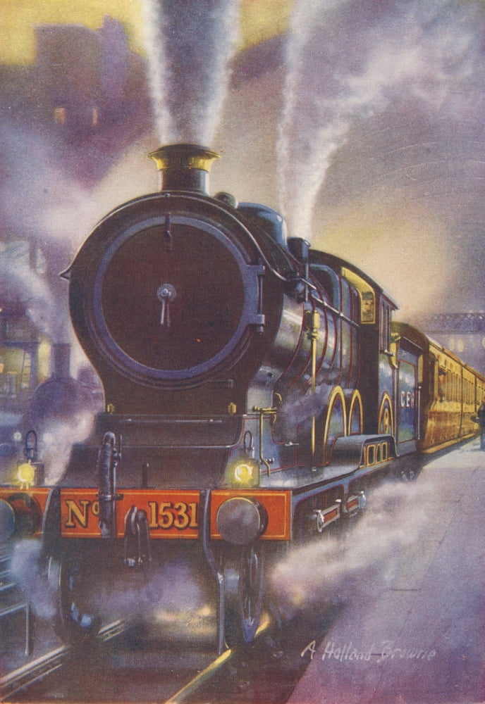 The Childrens Encyclopedia 1930s The Continental Night Express leaving Liverpool St Canvas Art - A Holland Browne (18 x 24)